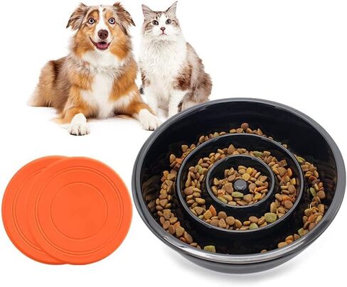GH Ceramic Slow Feeder Dog Bowl, 3 Cups, 2 Pet Flying Discs Included - Black in Saudi Arabia