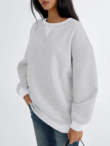 Trendy Queen Women's Oversized Color Block Fleeced Crewneck Sweatshirt in Kuwait