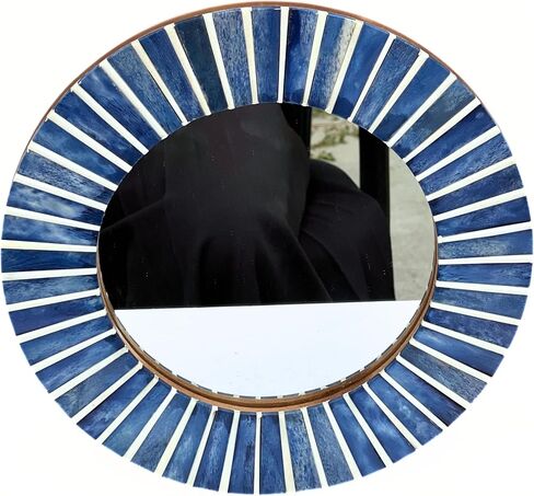 CollectiblesBuy مرآة حائط للغرفة مصنوعة يدويًا، مرآة مدخل فسيفساء، مرآة مثبتة على الحائط، مدخل الحمام، غرفة النوم وغرفة المعيشة، أزرق وأبيض (11 بوصة) in Saudi Arabia