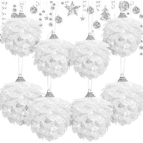Sratte 8 Pcs Christmas Ball Ornaments Pinecone Hanging Ornament Artificial Christmas Tree Ornaments Glitter Christmas Flower Ornaments Faux Flowers Ornaments for Xmas Decor, 3.54/2.75 Inch (Rose Gold)