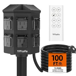 Outdoor Power Stake Timer Waterproof, 100FT Extension Cord, Remote Control Dusk to Dawn Sensor Light Timer, 6 Grounded Outlets for Outdoor Decorations, 14 AWG, 15A/1875W, ETL Listed