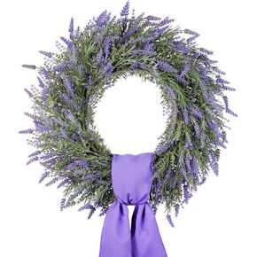DDHS 24'' Spring Summer Wreaths for Front Door, Artificial Lavender Wreath with Dried Lavender, Summer Large Wreaths for All Seasons Farmhouse Indoor and Outdoor Decor-Purple Sash