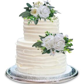 2Pcs Cake Topper Set, Wedding Artificial Flowers Decor White Green Cake Topper Decorations for Wedding Ceremony Anniversary, Wedding Home Decor,Boho Wedding