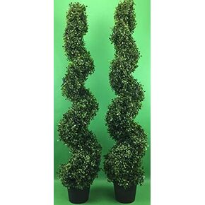 Two 4 Foot Outdoor Artificial Boxwood Spiral Topiary Trees UV Rated Plants