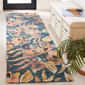 SAFAVIEH Blossom Collection Runner Rug - 2'3" x 8', Blue & Plum, Floral Design, Handmade Wool, Ideal for The Living Room, Bedroom, Dining Room (BLM462M-28)