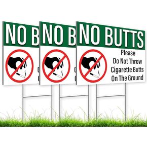 12 x 8 No Cigarette Butts Signs - Coroplast No Butts Signage with Stake - No Littering Sign Outdoor - Please Do Not Throw Cigarette Butt Signs - No Smoking Table Plastic Sign Double Side