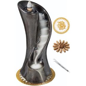 Unique Cloud Stairs Ceramic Waterfall Incense Holder, Paired with a Pack of Backflow Incense Cones. (Metallic)