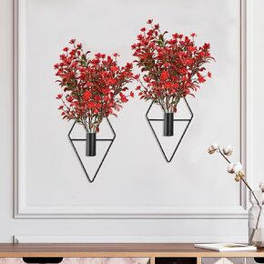 Yorkmills Plant Wall Decor with Red Artificial Flowers in Diamond Hanging Vase Set of 2, Black Metal Wall Planter Decorations Fake Plant Home Wall Decor for Living Room, Dining Room, Bedroom, Bathroom