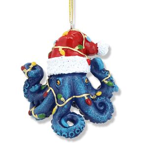 Blue Octopus Christmas Ornament, Festive Sea Creature with Santa Hat Hanging Tree Accessory, 2.5 Inch Figure on 3.75" String