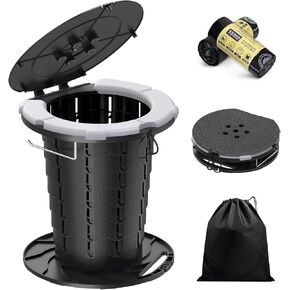 BLIKA Upgraded Retractable Portable Toilet with Cushion, 300LBS Adjustable Height Folding Toilet with Paper Holder, Travel Toilet Portable Camping Toilet, Soft Portable Toilet for Camping/Car, Gray