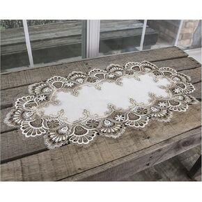 Linens, Art and Things White Cocoa Earth Tones Jacquard Peacock Tail Lace Table Runner, Dresser Scarf, Coffee Table Runner (14Wx26L)