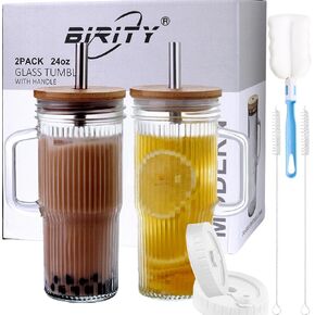 Birity 24oz Ribbed Glass Cup with Lids and Straws,2Pack Glass Tumbler with Handle,Reusable iced Coffee Cups,Wide Mouth Mason jar Cup for Smoothie,Iced Coffee,Fruit Juice,Soda Water,Tea,Travel Mug