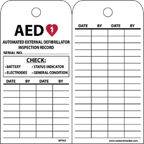 NMC AED Automated External Defibrillator Inspection Record Tag, Double-Sided, 25-Pack, 6" Height x 3" Width, Unrippable Material, Made in The USA, RPT43