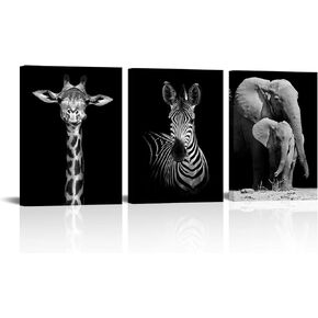 Visual Art Decor Black and White African Wildlife Canvas Wall Art Animal Zebra Giraffe Elephant Portrait Picture Poster Artwork for Home Living Room Bedroom Room Kids Room Office Wall Decoration
