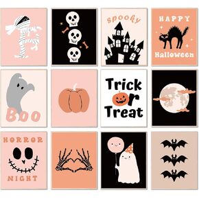 JarThenaAMCS 12Pcs Halloween Wall Art Prints Boho Pink Halloween Paper Posters Cute Picture Decoration for Party Gallery Living Room Office, 8 x 10 Inch, Unframed