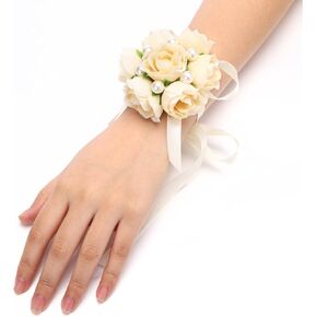 FAYBOX Girl Bridesmaid Wedding Wrist Corsage Party Prom Hand Flower Decor Pack of 2 Champagne