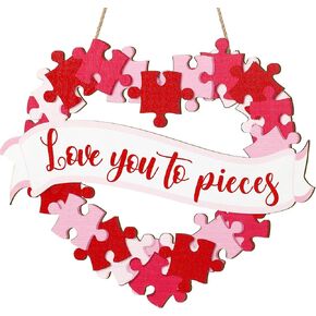 ojustbeok Happy Valentine's Day Door Sign Valentines Day Door Sign Decorations Heart Shaped Wooden Door Hanging Sign Love You To Pieces Wreath Sign for Wedding Anniversary Room Window Wall Door Decor