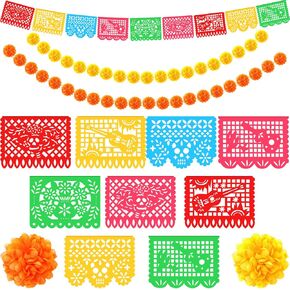 18 Feet Mexican Party Banners 40 Pieces Marigold Flowers Bulk Silk Faux Flowers Set Day of The Dead Papel Picado Banner Home Wedding Decoration