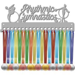 CREATCABIN Medal Holder Display Hanger Rack Sports Dream Believe Achieve Never Give Up Metal Wall Mount with 20 Hooks for Race Runner Players Gymnastics Gymnast Over 60 Medals Silver 15.7 x 3.3 Inch