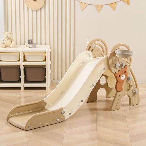 4 in 1 Toddler Slide,Baby Slide,Slide for Toddlers 1-3,Foldable Slide,Plastic Slide,Toddler Slides Indoor and Outdoor,Toddler Slide with Basketball Hoop and Ball,Toddler Playground Slide (Brown) in Saudi Arabia