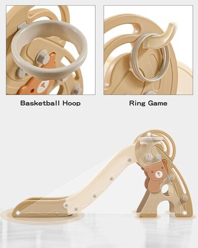4 in 1 Toddler Slide,Baby Slide,Slide for Toddlers 1-3,Foldable Slide,Plastic Slide,Toddler Slides Indoor and Outdoor,Toddler Slide with Basketball Hoop and Ball,Toddler Playground Slide (Brown) in Saudi Arabia