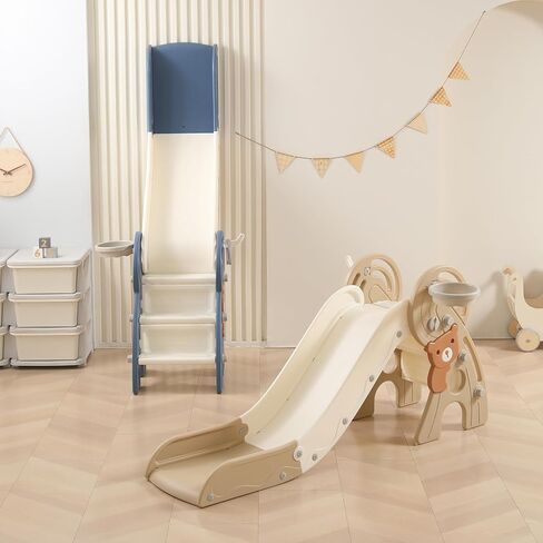4 in 1 Toddler Slide,Baby Slide,Slide for Toddlers 1-3,Foldable Slide,Plastic Slide,Toddler Slides Indoor and Outdoor,Toddler Slide with Basketball Hoop and Ball,Toddler Playground Slide (Brown) in Saudi Arabia
