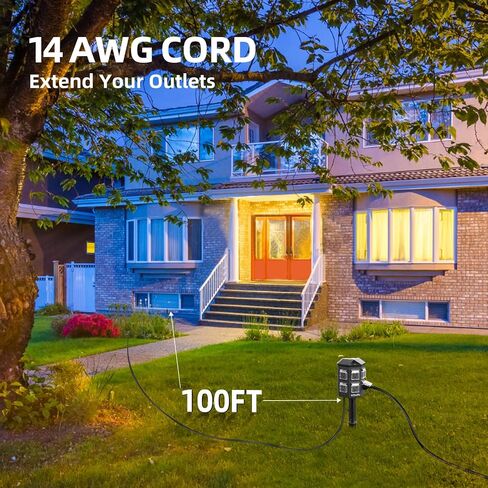 Outdoor Power Stake Timer Waterproof, 100FT Extension Cord, Remote Control Dusk to Dawn Sensor Light Timer, 6 Grounded Outlets for Outdoor Decorations, 14 AWG, 15A/1875W, ETL Listed in Saudi Arabia