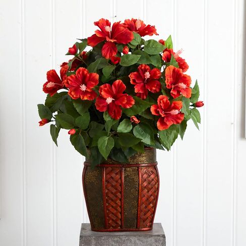 Nearly Natural 6667 Hibiscus with Vase Decorative Silk Plant, Red 30" x 9" x 7.5" in Saudi Arabia