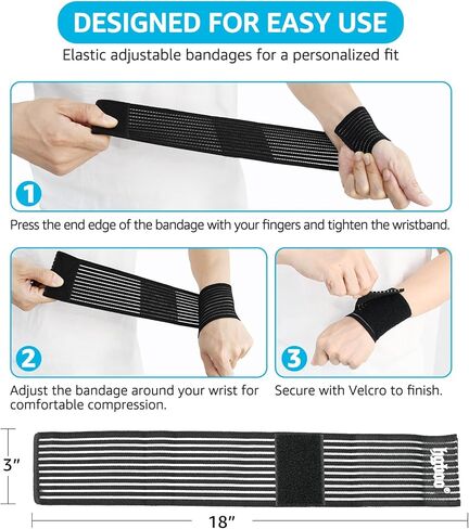 أربطة معصم مضغوطة (قطعتان)، أحزمة معصم عالية المرونة، دعامة معصم للرياضة، رفع الأثقال، التنس، كرة السلة، التهاب الأوتار، التهاب مفاصل النفق الرسغي - قماش مسامي (أسود) in Kuwait