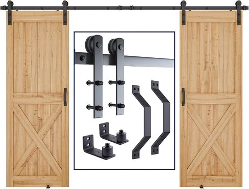 SMARTSTANDARD 10 FT Heavy Duty Double Gate Sliding Barn Door Hardware Kit, 10ft Double Rail, Black, (Whole Set includes 2X Pull Handle Set & 2X Floor Guide) Fit 30" Wide Door Panel (I Shape Hangers) in Saudi Arabia