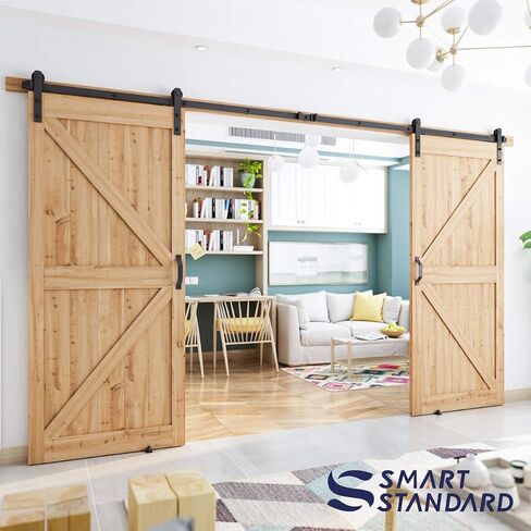 SMARTSTANDARD 10 FT Heavy Duty Double Gate Sliding Barn Door Hardware Kit, 10ft Double Rail, Black, (Whole Set includes 2X Pull Handle Set & 2X Floor Guide) Fit 30" Wide Door Panel (I Shape Hangers) in Saudi Arabia