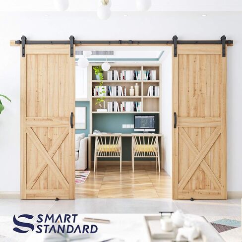 SMARTSTANDARD 10 FT Heavy Duty Double Gate Sliding Barn Door Hardware Kit, 10ft Double Rail, Black, (Whole Set includes 2X Pull Handle Set & 2X Floor Guide) Fit 30" Wide Door Panel (I Shape Hangers) in Saudi Arabia