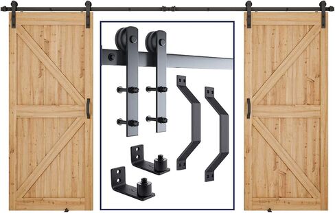 SMARTSTANDARD 10 FT Heavy Duty Double Gate Sliding Barn Door Hardware Kit, 10ft Double Rail, Black, (Whole Set includes 2X Pull Handle Set & 2X Floor Guide) Fit 30" Wide Door Panel (I Shape Hangers) in Saudi Arabia