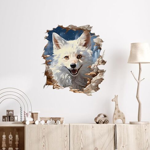 Smiling White Fox Broken Wall Wall Decal Nursery Animal 3D Wall Sticker Removable Peel and Stick Wall Art Decor for Kid Baby Classroom Preschool Living Room Playroom Bedroom School in Saudi Arabia