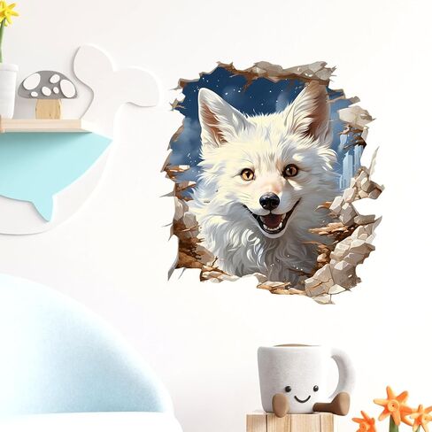 Smiling White Fox Broken Wall Wall Decal Nursery Animal 3D Wall Sticker Removable Peel and Stick Wall Art Decor for Kid Baby Classroom Preschool Living Room Playroom Bedroom School in Saudi Arabia