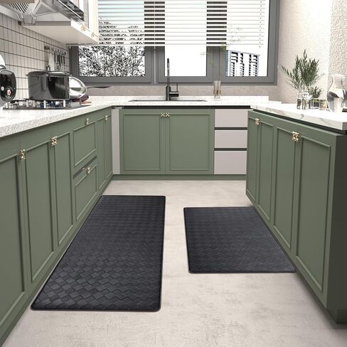 Schliersee Black Kitchen Mats Set of 2, Cushioned Anti Fatigue Kitchen Mat, Non Slip Washable Kitchen Floor Rug, Ergonomic Standing Comfort Foam Rugs for Bathroom, Office, Bedroom (47x17, 29x17 inch) in Saudi Arabia