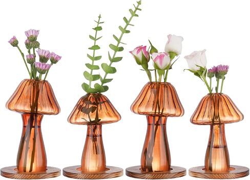 NiHome Handcrafted Mushroom Glass Planter with Wooden Base Set of 4, Cute Indoor Greenery Plant Propagation Stations,High Borosilicate Glass Mushroom Vases for Flowers,Hydroponics & Home Decor (Brown) in Saudi Arabia