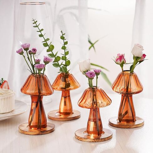 NiHome Handcrafted Mushroom Glass Planter with Wooden Base Set of 4, Cute Indoor Greenery Plant Propagation Stations,High Borosilicate Glass Mushroom Vases for Flowers,Hydroponics & Home Decor (Brown) in Saudi Arabia