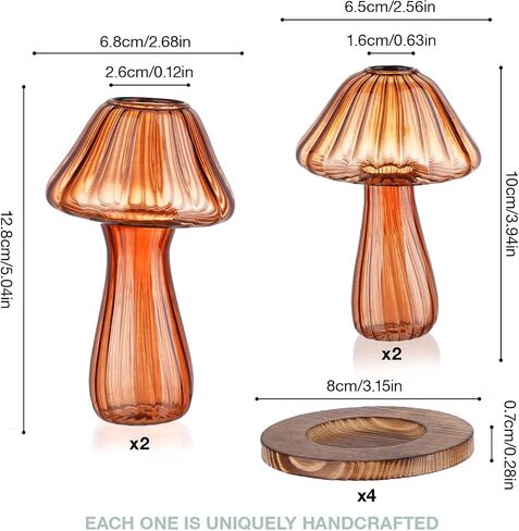 NiHome Handcrafted Mushroom Glass Planter with Wooden Base Set of 4, Cute Indoor Greenery Plant Propagation Stations,High Borosilicate Glass Mushroom Vases for Flowers,Hydroponics & Home Decor (Brown) in Saudi Arabia