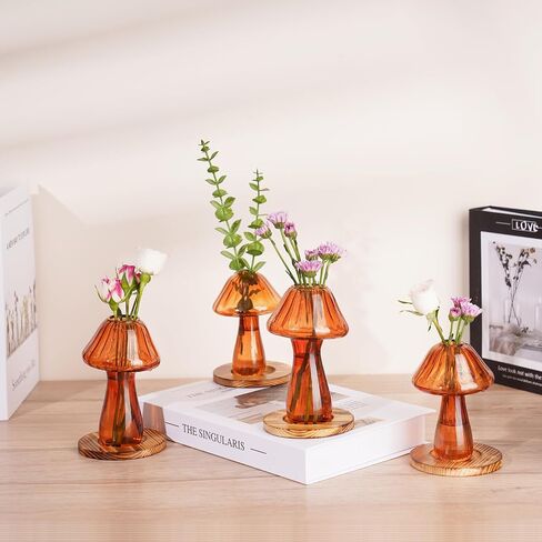 NiHome Handcrafted Mushroom Glass Planter with Wooden Base Set of 4, Cute Indoor Greenery Plant Propagation Stations,High Borosilicate Glass Mushroom Vases for Flowers,Hydroponics & Home Decor (Brown) in Saudi Arabia