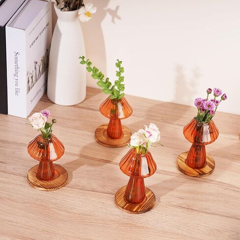 NiHome Handcrafted Mushroom Glass Planter with Wooden Base Set of 4, Cute Indoor Greenery Plant Propagation Stations,High Borosilicate Glass Mushroom Vases for Flowers,Hydroponics & Home Decor (Brown) in Saudi Arabia