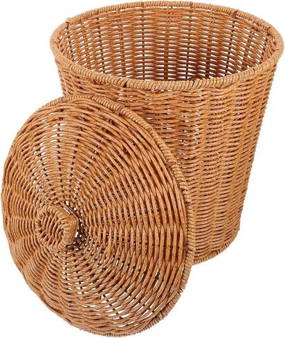 VICASKY Storage Basket with Lid Dirty Clothes Wicker Waste Basket Bedroom Storage Basket Containers with Lids Wicker Trash Can Rattan Waste Basket Woven Garbage Basket Seaweed Bracket Pp in Saudi Arabia
