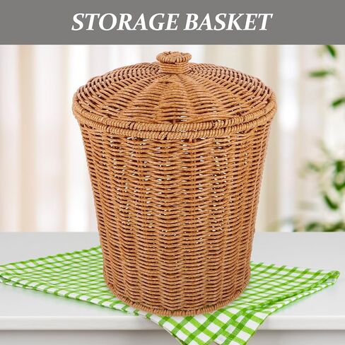 VICASKY Storage Basket with Lid Dirty Clothes Wicker Waste Basket Bedroom Storage Basket Containers with Lids Wicker Trash Can Rattan Waste Basket Woven Garbage Basket Seaweed Bracket Pp in Saudi Arabia