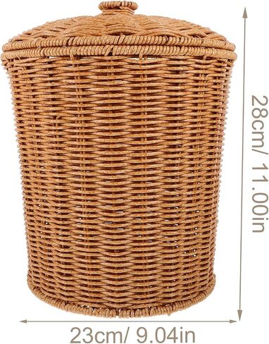 VICASKY Storage Basket with Lid Dirty Clothes Wicker Waste Basket Bedroom Storage Basket Containers with Lids Wicker Trash Can Rattan Waste Basket Woven Garbage Basket Seaweed Bracket Pp in Saudi Arabia