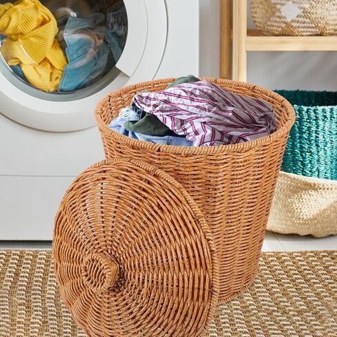 VICASKY Storage Basket with Lid Dirty Clothes Wicker Waste Basket Bedroom Storage Basket Containers with Lids Wicker Trash Can Rattan Waste Basket Woven Garbage Basket Seaweed Bracket Pp in Saudi Arabia