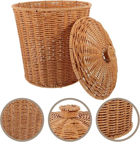 VICASKY Storage Basket with Lid Dirty Clothes Wicker Waste Basket Bedroom Storage Basket Containers with Lids Wicker Trash Can Rattan Waste Basket Woven Garbage Basket Seaweed Bracket Pp in Saudi Arabia