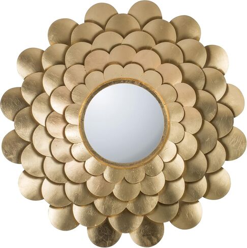 مرآة تثبيت على الحائط مستديرة مقاس 32 بوصة من Benjara، ديكور زهور مزهرة، حديد بلمسة نهائية ذهبية in Kuwait