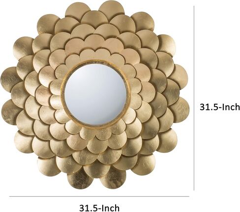مرآة تثبيت على الحائط مستديرة مقاس 32 بوصة من Benjara، ديكور زهور مزهرة، حديد بلمسة نهائية ذهبية in Kuwait
