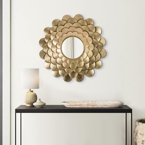 مرآة تثبيت على الحائط مستديرة مقاس 32 بوصة من Benjara، ديكور زهور مزهرة، حديد بلمسة نهائية ذهبية in Kuwait