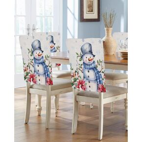 Blue Snowman Christmas Chair Back Covers for Dining Chairs 4 Pack, Washable Removable Chair Slipcover Back Chair Protector for Wedding Party Baby Shower Xmas Poinsettia Berry Snowflake